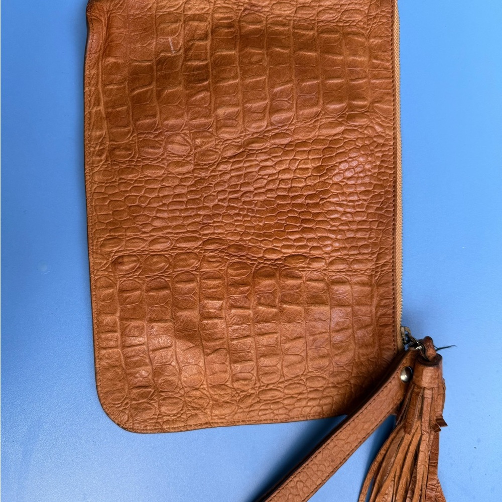 Tan Crocodile Embossed Leather Clutch with Tassel